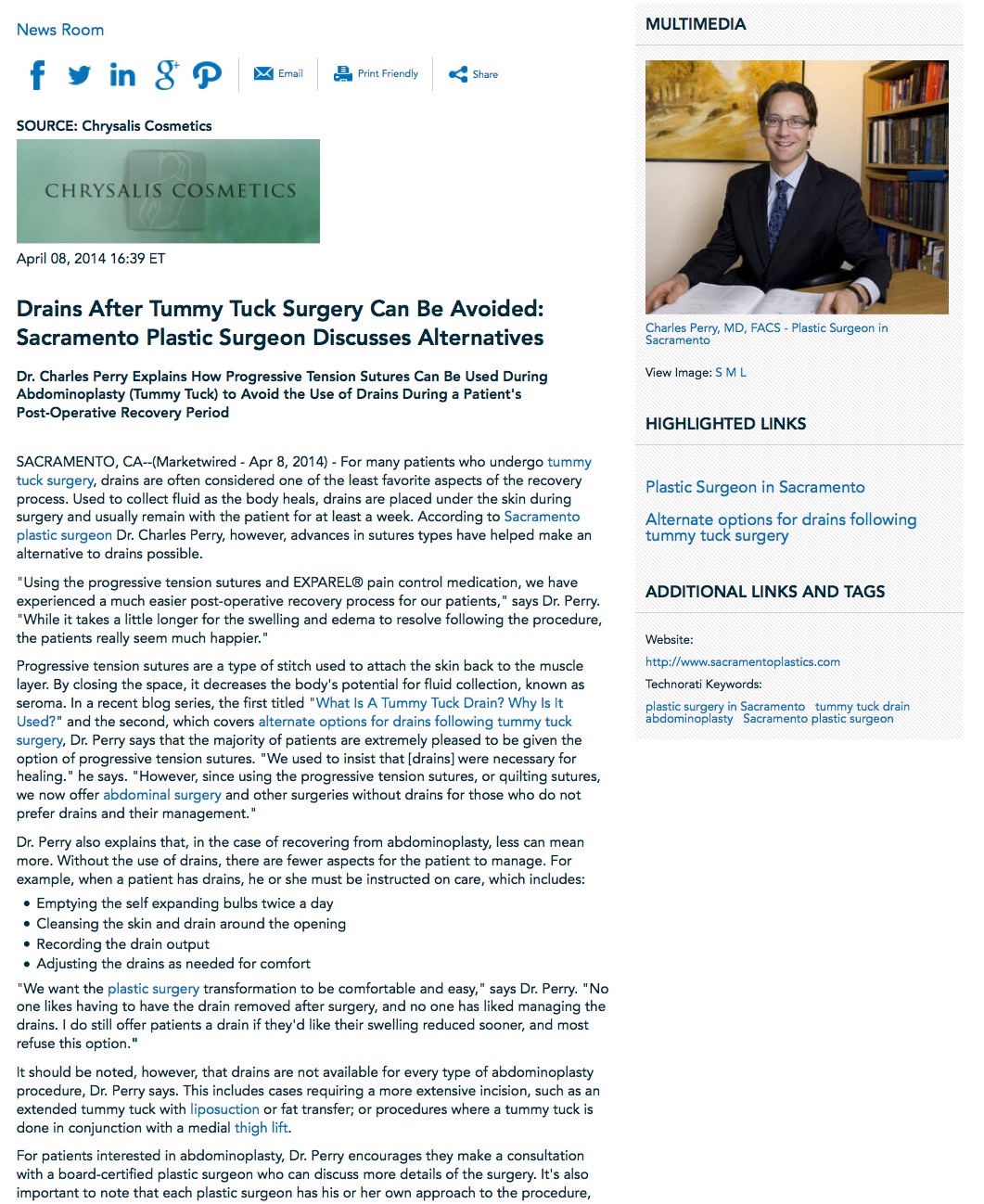 tummy tuck surgery, Sacramento plastic surgeon, alternate options for drains following tummy tuck surgery, adbominal surgery, plastic surgery, liposuction, thigh lift, Dr. Charles Perry